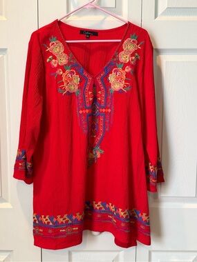 # Calessa 2XL Red Embroidered V-Neck Tunic Top